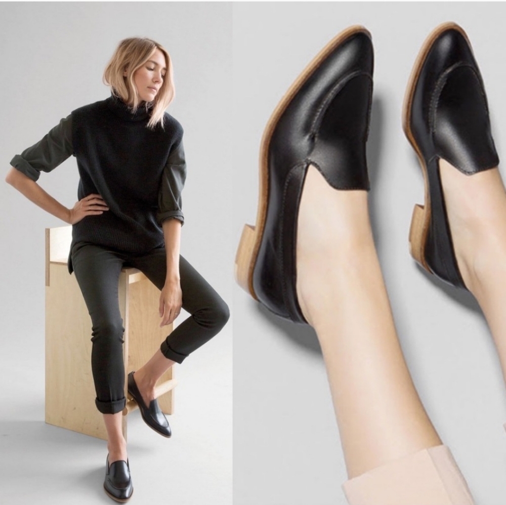 Everlane black modern loafer Italian leather upper 3/4" stacked heel size 7.5